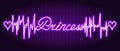 Princess. Purple neon. The text is embellished with pulses and hearts. Lilac brick wall, background