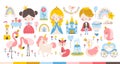 Princess rainbow set with animals and birds, unicorn, flamingo, swan. Castle, carriage. Cute girl and boy characters