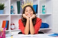 Princess school girl. Portrait of dreaming teenage girl with crown, feeling princess. Child princess crown on Royalty Free Stock Photo