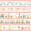 Princess seamless borders. Vector set of patterns for girlish design. Unicorns, castles, train, cakes, etc. Illustration