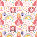 Princess seamless pattern with castle, carriage and rainbow in scandinavian flat style. Girl creative vector childish Royalty Free Stock Photo