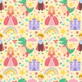 Princess seamless pattern with prince, dragon, castle, rainbow in scandinavian style. Creative vector childish Royalty Free Stock Photo