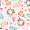 Princess seamless pattern with rainbows, princess, unicorns, birds, bees and clouds