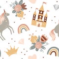 Princess seamless pattern in Scandinavian style. Castle, rainbow, flowers, and diamonds. Vector boho background Royalty Free Stock Photo