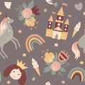 Princess seamless pattern in Scandinavian style. Castle, rainbow, flowers, unicorn, and diamonds. Vector boho background Royalty Free Stock Photo