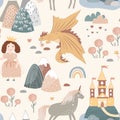 Princess seamless pattern in Scandinavian style. Castle, rainbow, flowers, unicorn, and dragon fairy kingdom. Vector Royalty Free Stock Photo