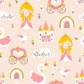 Princess seamless pattern with swan, castle, rainbow and flowers. Vector illustration of a girl in a fairy kingdom in a