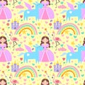 Princess seamless pattern with unicorn, castle and rainbow in scandinavian flat style. Girl creative vector childish Royalty Free Stock Photo