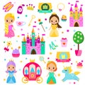 Princess set. Big collection of vector fairy tales girls elements. Castle, unicorn, carriage and other. For stickers, scrapbook, m