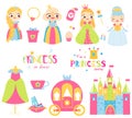 Princess set. Cute girls, Castle, dress, shoes and other fairy symbols for kids games and cards