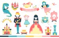 Princess set with prince and other characters in fairy kingdom cartoon vector illustration in childish doodle style.