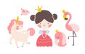 Princess Seth. Unicorn, flamingo, rabbit in crowns. Cute girl characters with animals and birds. Vector illustration in