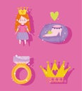 Princess shoe ring and crown cartoon icons set