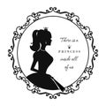 Princess silhouette in royal frame with sample text. For notebook cover, girl diary, scrapbook design. Isolated on white Royalty Free Stock Photo