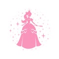 Princess silhouette standing in beautiful dress with magic wand. Circle frame background with pink dots and sparkles Royalty Free Stock Photo