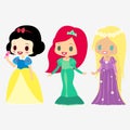 Princess Snow White. Mermaid. Long hair. Set with fashion girls. Beautiful fairytale characters.