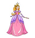 Princess standing in beautiful dress with magic wand. Charming fairy tale girl