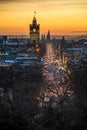 Princess street and Balmoral tower, sunset time Royalty Free Stock Photo