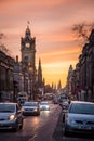 Princess street and Balmoral tower, sunset time Royalty Free Stock Photo