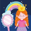 princess tale cartoon girl with crown rainbow and mirror magic Royalty Free Stock Photo