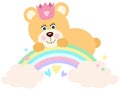 Princess teddy bear on rainbow with clouds and stars