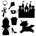 Princess theme silhouettes isolated on white background. Castle, unicorn and other tale elements. Isolated elements for stickers, Royalty Free Stock Photo