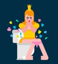 Princess on toilet butterfly. Woman is in WC. Sweet girl wi