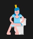 Princess on toilet. Woman is in WC. Sweet girl with crown. Vector illustration