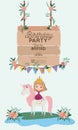 Princess with unicorn and label wooden invitation card Royalty Free Stock Photo