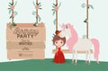 Princess with unicorn and label wooden invitation card Royalty Free Stock Photo