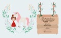 Princess with unicorn and label wooden invitation card Royalty Free Stock Photo