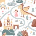 Princess, unicorn, dragon, and fairy castle on the hill. Cartoon nursery background. Vector seamless pattern Royalty Free Stock Photo