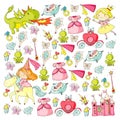 Princess vector patterns. Cute little princess with unicorn and dragon. Castle for little girl, dress, magic wand. Fairy Royalty Free Stock Photo