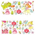 Princess vector patterns. Cute little princess with unicorn and dragon. Castle for little girl, dress, magic wand. Fairy Royalty Free Stock Photo
