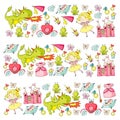 Princess vector patterns. Cute little princess with unicorn and dragon. Castle for little girl, dress, magic wand. Fairy Royalty Free Stock Photo