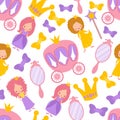 Princess vector seamless cartoon pattern. Magic girls fabric texture