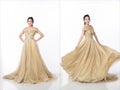 Princess wear Gold glitter Evening Gown ball dress and spin fluttering throw skirt gown around in air. 20s Asian woman dream to be Royalty Free Stock Photo