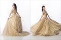 Princess wear Gold glitter Evening Gown ball dress and spin fluttering throw skirt gown around in air. 20s Asian woman dream to be Royalty Free Stock Photo