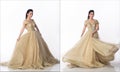 Princess wear Gold glitter Evening Gown ball dress and spin fluttering throw skirt gown around in air. 20s Asian woman dream to be Royalty Free Stock Photo