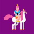 Princess on white horse and smartphone. Daughter of king on horseback. Vector illustration