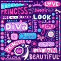 Princess Word Doodles Beauty Pagent Vector Illustr
