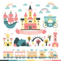 Princesses Fairytale Kingdom Set. Castles, ford, tower, train, carriage, ship, bridge, etc. Vector illustration in simple
