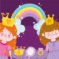 princesses tale cartoon with crown mirror rainbow and ring Royalty Free Stock Photo