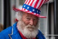 Princeton, New Jersey - April 28, 2019: This old senior citizen man with white hair, beard and mustache was dressed up in american