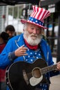 Princeton, New Jersey - April 28, 2019: This old senior citizen man with white hair, beard and mustache was dressed up in american