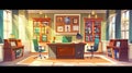 Principal's office in school with desk, chairs, bookcase, and trophies on display. Modern cartoon of empty