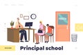 Principal school concept of landing page with mom and kid meeting with director in his office