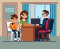 Principal school. Parents kids teacher meeting in office. Unhappy mom, son talk with angry principal. School education Royalty Free Stock Photo