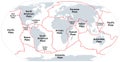 Principal tectonic plates, 16 major pieces of the Earth, gray map