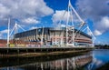 The Principality or Millennium Stadium from the west bank of the river Taff, in Cardiff, Wales, UK